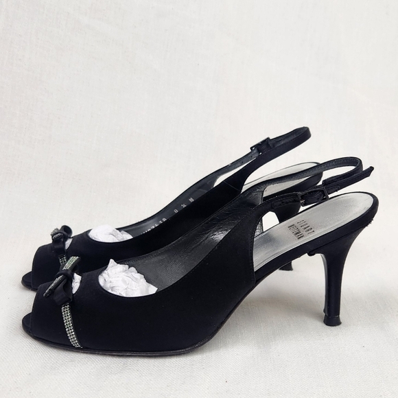 Stuart Weitzman Black Peep Toe Sparkle Bow Heel Pumps - Picture 2 of 10